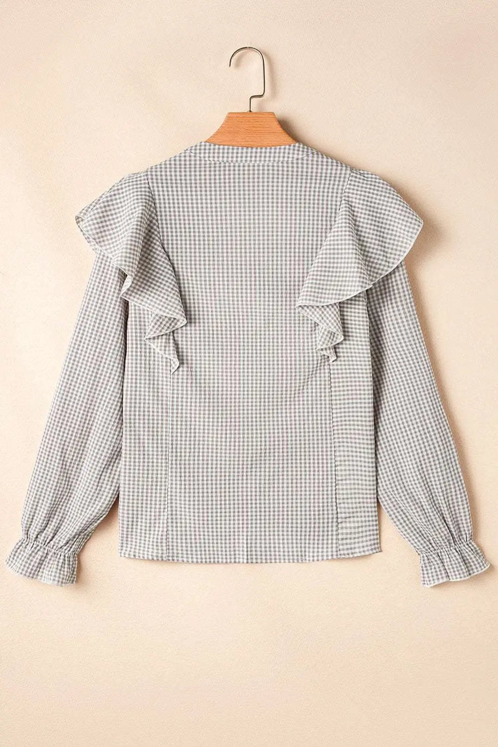 Brown Plaid Flounce Sleeve Notched Neck Ruffled Shirt - Love Salve